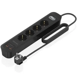 AISENS Regleta ASPS-2A2C13-BK con Interruptor, 4 Tomas Schuko + Cargador USB 20W PD3.0 (2 USB-C, 2 USB-A), 1.4m Cable, Protección Sobrecarga/Cortocircuito, Material Ignífugo, Negro